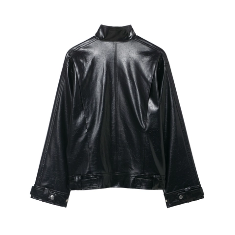 Damen Schwarz PU Kunstleder Bikerjacke Oversize Revers Reißverschluss Moto Mantel Lässig Streetwear Mode Oberbekleidung