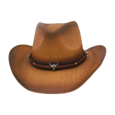 Western Cowboy Hat Woven Straw Bull Skull Metal Decor Wide Brim Sunshade Vintage Ethnic For Men Women