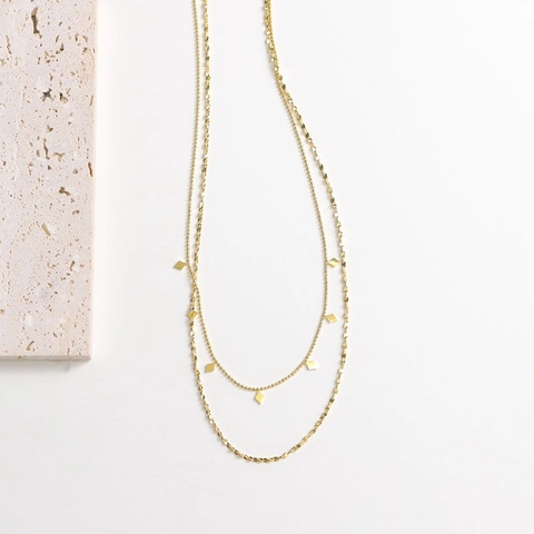 Stainless Steel Double Layer Necklace 18K Gold Plated Rhombus Sequins Bead And Twisted Rope Chain Jewelry For Women