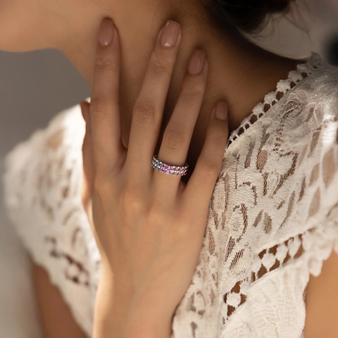 Anillo De Plata De Ley 925 Para Mujer Con Circonita Cúbica De Colores Doble Fila Diseño De Engranaje Moda