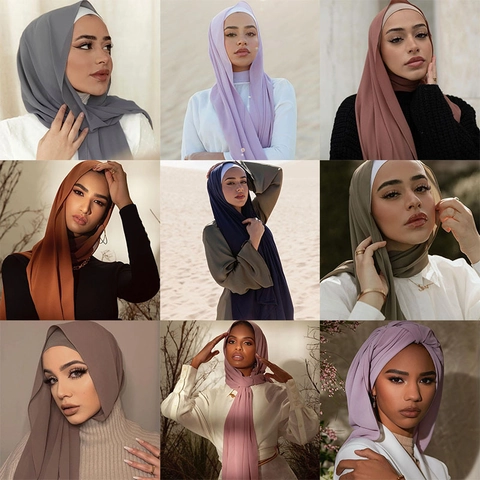 Elegant Solid Color Bubble Chiffon Hijab Scarf For Women Lightweight Polyester Shawl Plain Wrap Muslim Headscarf Commuter Accessories