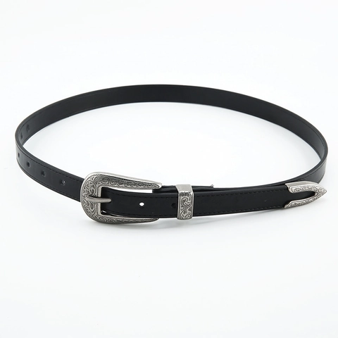 Cintura Vintage Western Da Donna In Ecopelle Con Fibbia Passante E Punta In Lega Incisa Stile Retrò Nero