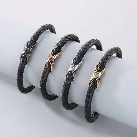 Bracciale In Pelle Intrecciata Per Uomo Con Chiusura Magnetica In Acciaio Inossidabile Rame Strass Simbolo Infinito