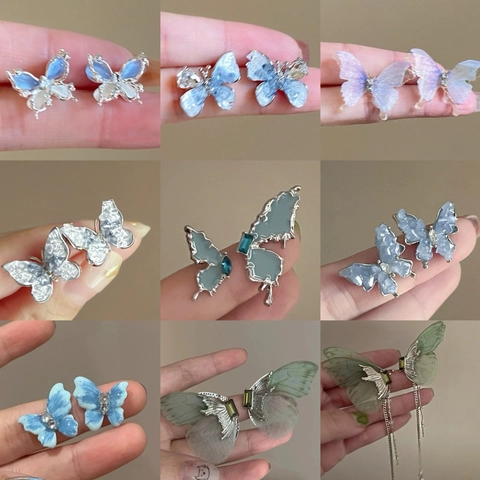 Butterfly Stud Dangle Earrings Gradient Synthetic Crystal Shell Texture Rhinestone With Silver Earring Post Sweet For Women