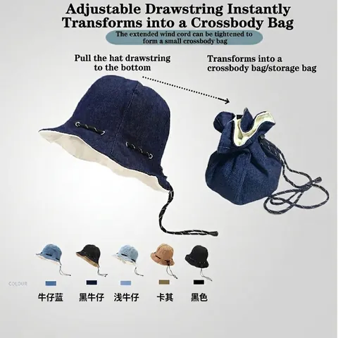Cappello Alla Pescatora Denim Cotone Coulisse Regolabile Reversibile Protezione Solare Pieghevole Multifunzionale Unisex