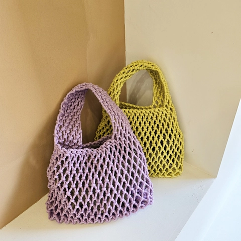 Handmade Woven Mesh Handbag Cotton Rope Hollow Out Bucket Bag For Beach Vacation Casual Candy Color Women