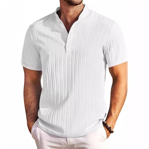 Camisa Henley Casual de Algodón y Lino a Rayas para Hombre Vintage Manga Corta Cuello Mao Pullover Transpirable Verano