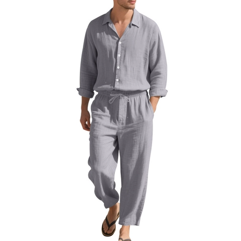 Casual Leinen Set für Herren Langarm Revers Hemd und Kordelzug Hose Sommer Atmungsaktiv Einfarbig Locker Fit Outfit Top And Bottom