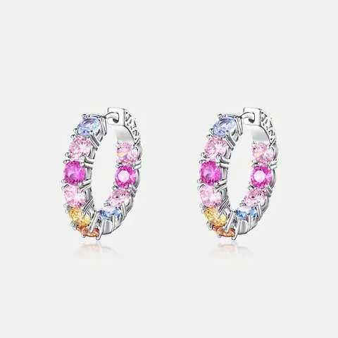 Colorful Cubic Zirconia Hoop Earrings 925 Sterling Silver Rainbow Geometric Sparkling Luxury For Women Fashion Jewelry
