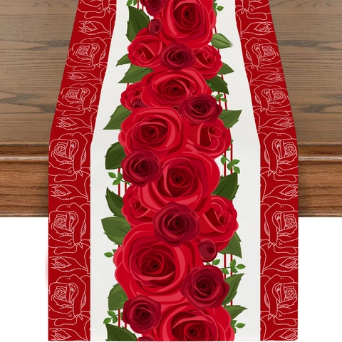 Runner da Tavola in Lino Stampato con Rose Rosse di San Valentino Runner Stile Nordico per Decorazione Sala da Pranzo