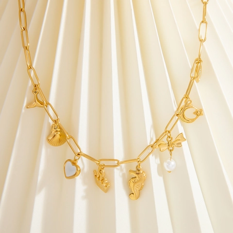 Collana con Pendenti Multipli in Acciaio Inossidabile Perla Artificiale Tema Oceano Cavalluccio Marino Conchiglia Gioielli