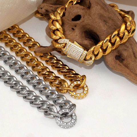 Collana Catena Cubana Miami Grossa Acciaio Inossidabile Placcato Oro 18K Gioielli Hip Hop Pendente Cerchio Strass Unisex