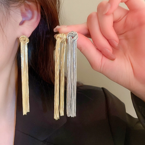 Knotted Long Tassel Dangle Earrings With 925 Sterling Silver Earring Post Metal Snake Chain Elegant Fashion Jewelry Women