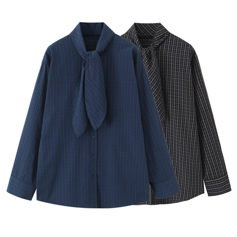 Blusa A Quadri Da Donna A Maniche Lunghe Collo Con Fiocco Casual Abbottonata Camicia Elegante Top Per Ufficio