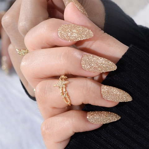 Goldene Glitzer Aufpressnägel Mittlere Stiletto Künstliche Nägel Mit Klebeetiketten Schimmernder Luxus Glänzend Für Frauen