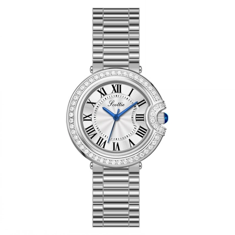 Orologio Al Quarzo Da Donna Lunetta Con Strass Numeri Romani Lancette Blu Cassa In Lega Elegante Moda