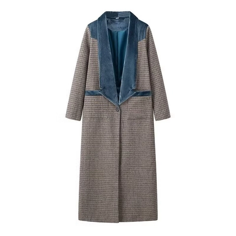 Cappotto Lungo In Lana A Quadri Da Donna Collo In Velluto A Contrasto Giacca In Tweed Pied De Poule Elegante
