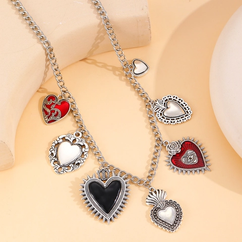 Gothic Sacred Heart Multi Pendant Necklace And Earrings Vintage Alloy Enamel Boho Jewelry For Women