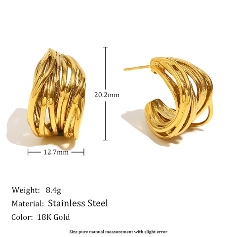 Hollow C-Shaped Stud Earrings 18K Gold Plated Stainless Steel Geometric Multi-Layer Winding Line Retro Modern Women