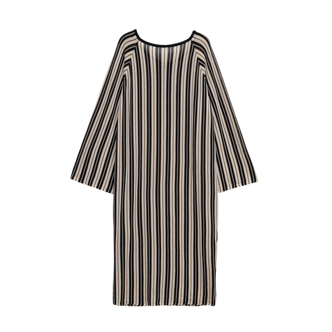 Damen Gestreiftes Strick Midikleid V Ausschnitt Bindegürtel Langarm Elegant Lässig