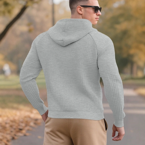 Sudadera Con Capucha Para Hombre Tejido Waffle Pullover Cordón Manga Larga Bolsillo Canguro Sudadera Informal Moda Urbana
