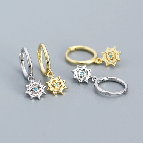 925 Sterling Silver Evil Eye Hoop Earrings Eight Pointed Star Sunburst Drop Dangle Jewelry For Women Retro Style