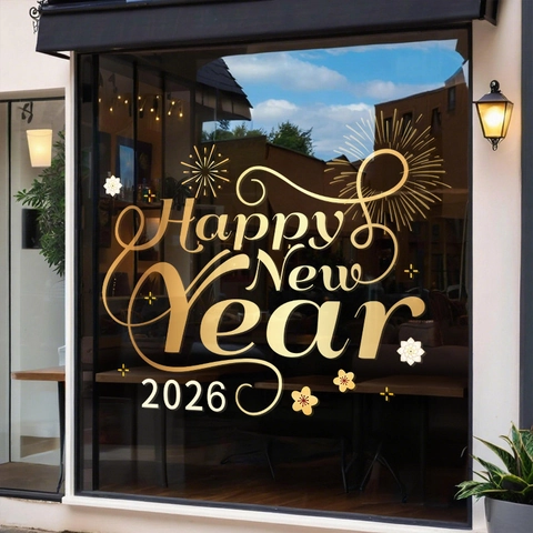 2026 Happy New Year Window Sticker Christmas Static Cling Decal Golden Double Sided PVC Removable For Shop Glass Home
