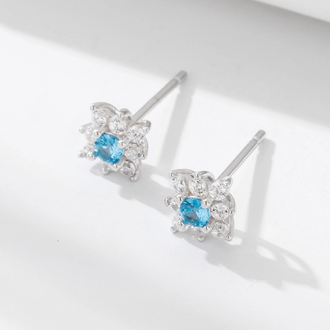 Flower Stud Earrings With 925 Sterling Silver Earring Post Blue Cubic Zirconia Rhinestone For Women Elegant Small Fresh Style