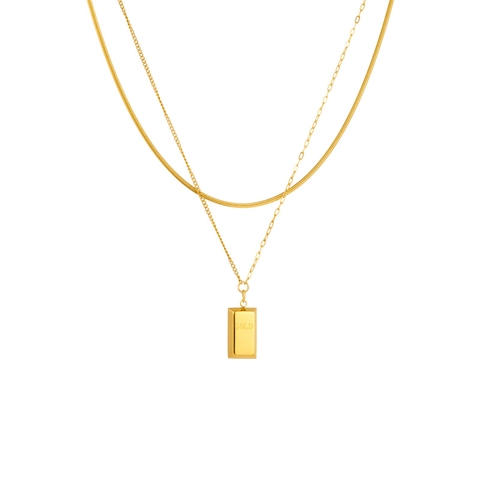 Double Layer Necklace Titanium Steel Gold Plated Snake Bone Chain Rectangular Bar Pendant Engraved Geometric Jewelry Women