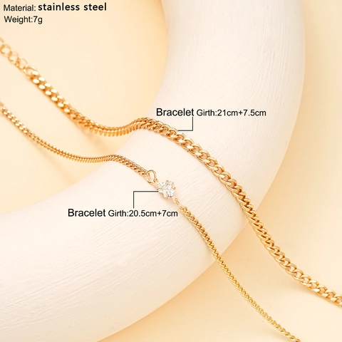 Layered Stainless Steel Anklets Heart Zircon Pendant Cuban Chain Fashion Foot Jewelry For Women Summer Beach Accessory