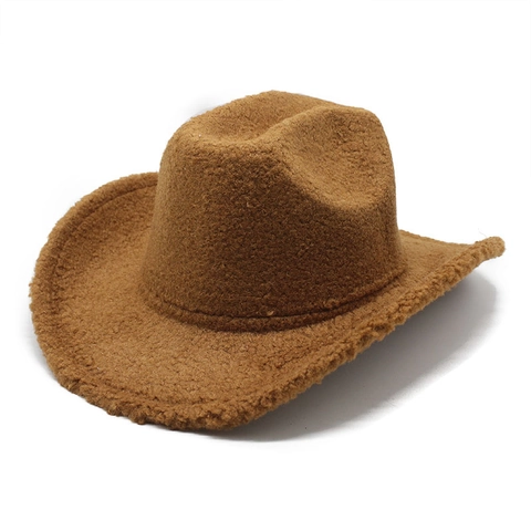 Western Cowboy Hat Faux Lamb Wool Warm Wide Brim Retro Autumn Winter Jazz Style Unisex Solid Color