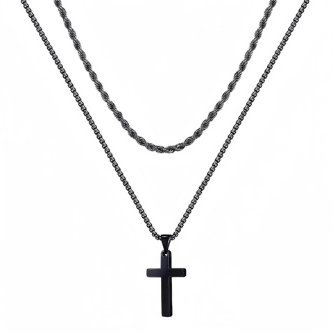 Collar con Colgante de Cruz de Doble Capa de Acero Inoxidable Hombre Mujer Punk Hip Hop Cadena de Cordón Caja Joyería de Moda