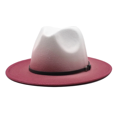 Fedora Hat Woolen Felt Gradient Color Wide Brim Vintage Jazz Cap With Leather Band Metal Buckle For Men Women