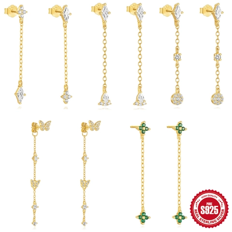 Pendientes Largos Con Borlas De Plata De Ley 925 Con Motivos De Mariposa Y Trébol Con Circonitas Brillantes Para Mujer