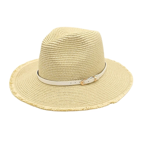 Women Straw Fedora Hat Woven Sun Protection Beach Vacation Vintage Jazz Style With Fringed Brim And Belt Decoration