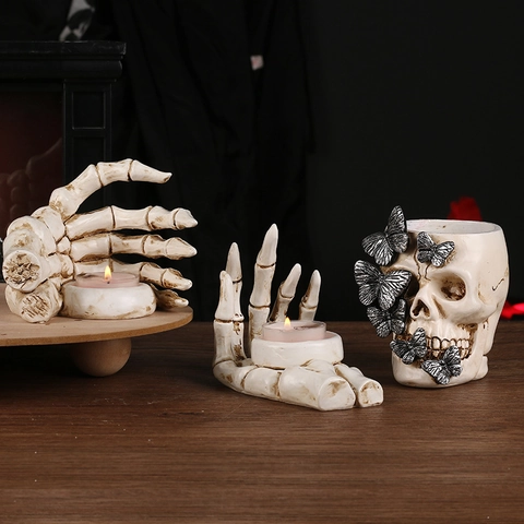 Halloween Gothic Resin Skull Head Butterfly Pen Holder And Skeleton Hand Tealight Candle Holder Ornaments