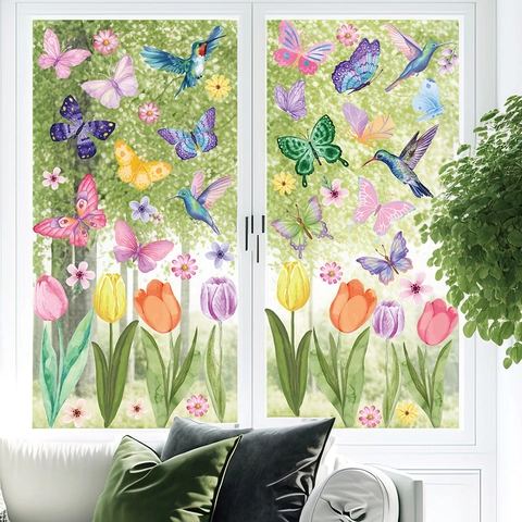 Spring Flower Window Clings Static PVC Double Sided Butterfly Sunflower Hummingbird Glass Decor Stickers Watercolor Home Decor