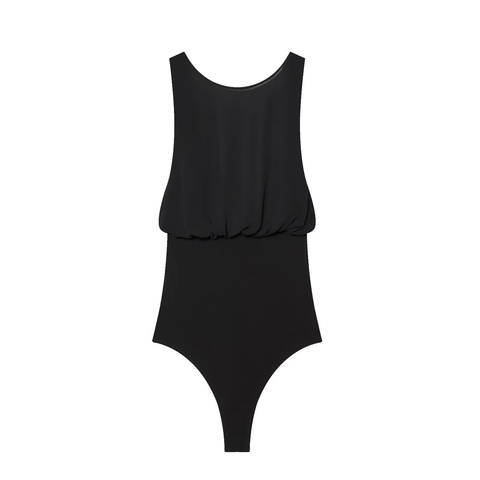 Femme Noir Sans Manches Mousseline Patchwork Body Élégant Nœud Détail Dos Nu Slim Fit Haut Soirée