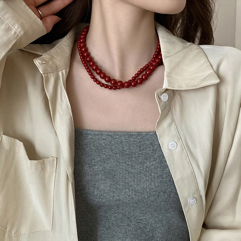 Collana Di Perle Di Vetro Rosse Retro Francese Per Donne Elegante Tonda Lucida Fatta A Mano Catena A Clavicola Gioielli Di Moda