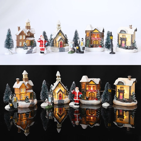 Aldea de Navidad LED Brillante Casas en Miniatura de Resina Decoraciones Pueblo Nevado Con Papá Noel Árboles Farola Decoración Hogar
