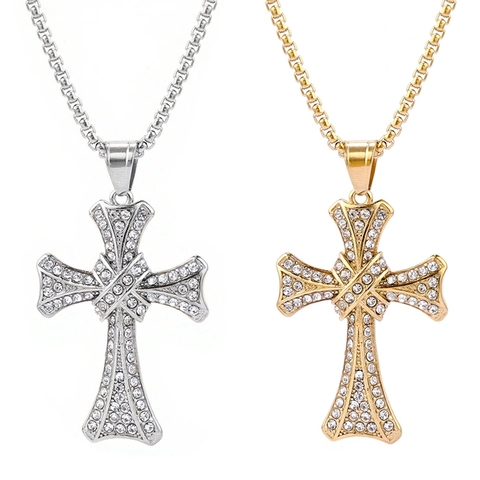 Punk Cross Pendant Necklace Titanium Steel With Cubic Zirconia Polished Hip Hop Vintage Jewelry Unisex
