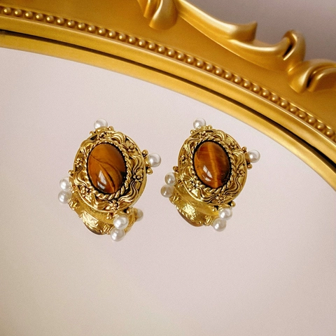 Vintage Oval Geometric Alloy Stud Earrings With Silver Earring Post Faux Tiger Eye Stone Baroque Style For Women