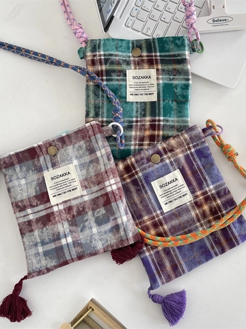 Borsa A Tracolla Vintage A Quadri Piccola Custodia Per Telefono Con Nappe E Tracolla In Corda Intrecciata Elegante