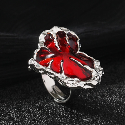 Verstelbare Ring Hart Gesmolten Lava Legering Rood Emaille Onregelmatig Open Sieraden Dames Vintage Punk Stijl