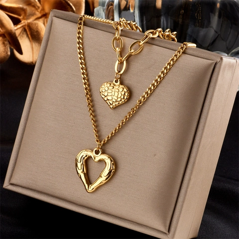 Trendy Double Layer Heart Pendant Necklace For Women Gold Plated Alloy Heart Shape Chunky Chain Versatile Fashion Jewelry Gift