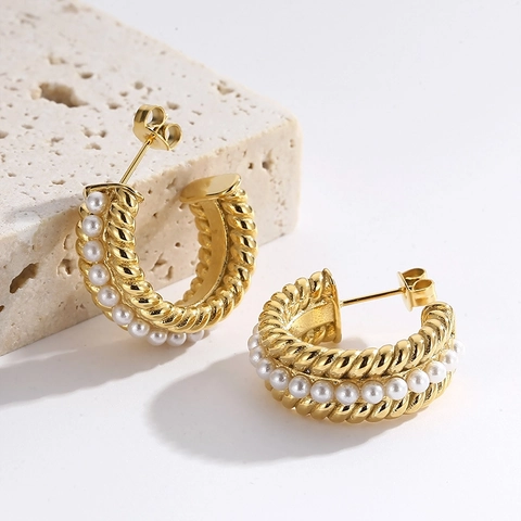 Vintage Französische Künstliche Perlen C-Form Creolen Für Damen Edelstahl Vergoldet Gedrehte Textur Eleganter Schmuck