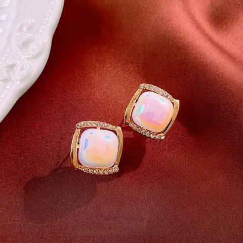 Vintage French Style Square Stud Earrings With Iridescent Resin Rhinestone Alloy And 925 Sterling Silver Earring Post