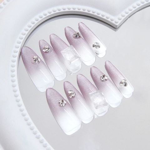 Handmade Press On Nails Long Almond Gradient Purple Cat Eye Glitter Rhinestone Studs ABS Removable Manicure