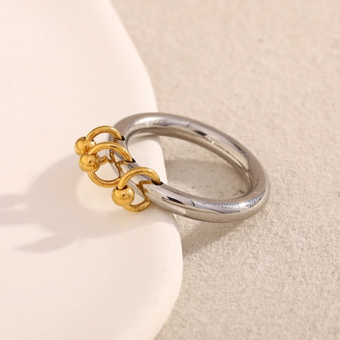 Stainless Steel Ring 18K Gold Plated Bicolor Dangling Round Beads Charms Tassel Minimalist Chic Fashion Jewelry For Women