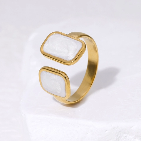 Geometrischer Rechteckiger Offener Ring Edelstahl 18K Vergoldet Verstellbar Emaille Modischer Schmuck Für Damen
